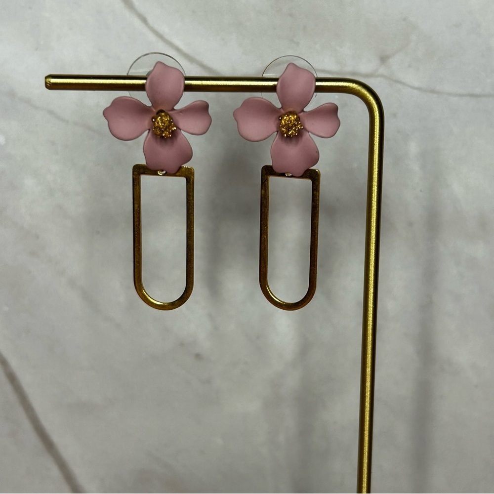 Pink Floral Gold Tone Drop Earrings